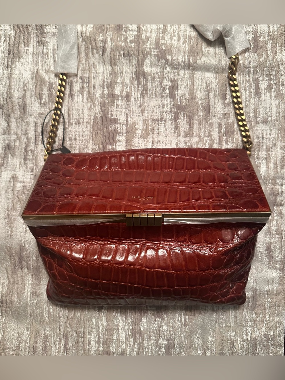 Saint Laurent Brown Croc-Embossed Leather Shoulder Bag NWT